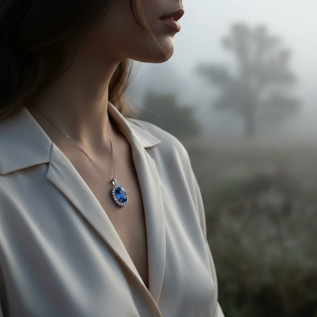 Superposition de colliers avec pendentif saphir ovale